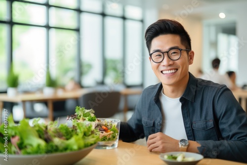A Smiling Young Man Sitting At A Dining Table Enjoying His Meal  Fictional Character Created By Generated AI.