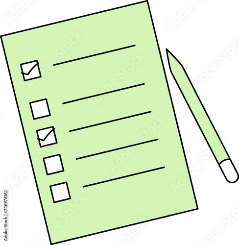 Checklist With Pencil Icon In Green And White Color.