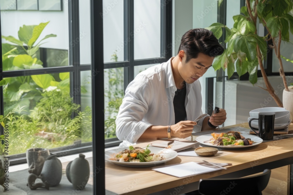 A Man Enjoying His Meal at a Restaurant. Fictional Character Created By Generated By Generated AI. A Man Enjoying His Meal at a Restaurant. Fictional Character Created By Generated By Generated AI.