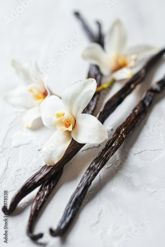 Vanilla Flowers and Pods Artfully Arranged on a Textured White Surface