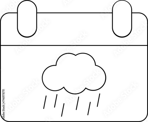 Rainy Cloud With Calendar Icon In Black Line Art.