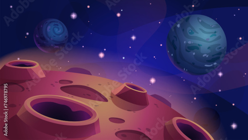 Alien planet surface with craters on background of dark blue cosmos sky with space bodies. Cartoon vector illustration of cosmic landscape. Fantasy universe object scenery for exploration concept.