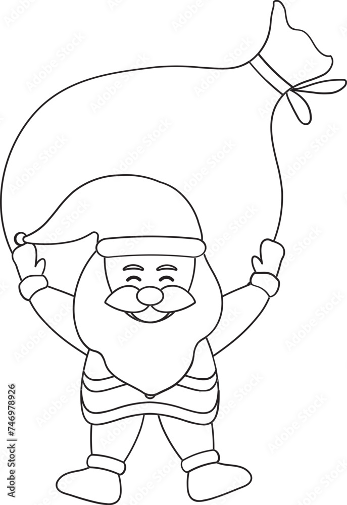 Obraz premium Santa Claus Lifting A Heavy Sack Icon in Black Line Art.