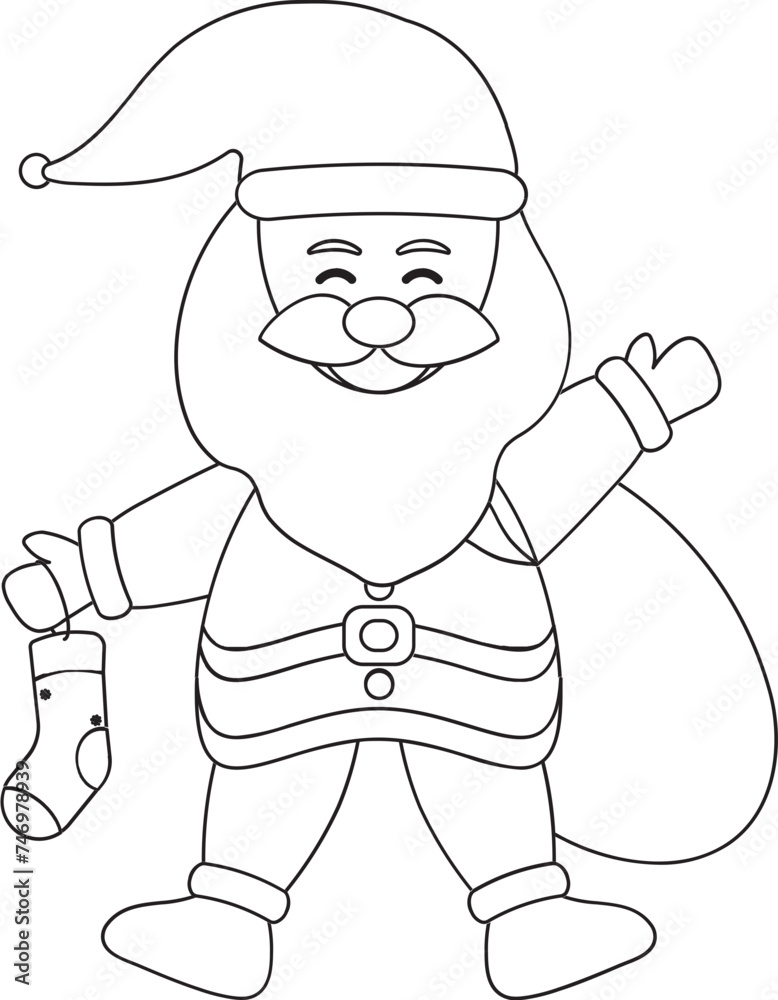 Obraz premium Cartoon Santa Claus Holding A Socks With Heavy Bag In Black Stroke Style.