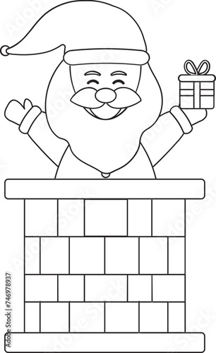 Santa Claus Holding Gift Box Inside Chimney Icon in Black Line Art.