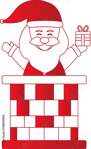 Vector Illustration Of Santa Claus Holding Gift Box Inside Chimney.