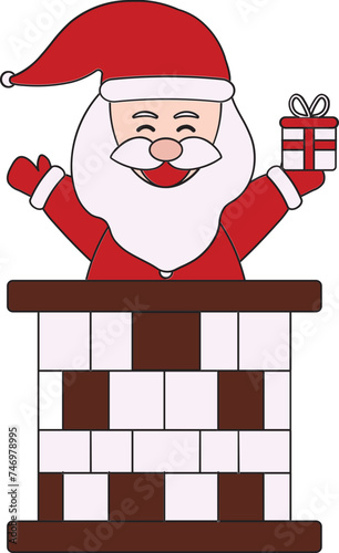 Vector Illustration Of Santa Claus Holding Gift Box Inside Chimney.