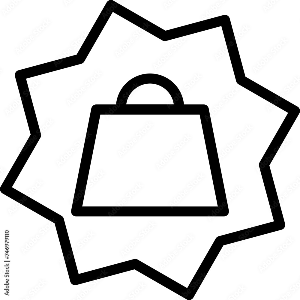 Shopping bag in star label, sticker icon. Line art sign or symbol. Shopping bag in star label, sticker icon. Line art sign or symbol.