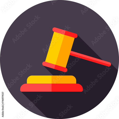 Red and Yellow Judge Gavel icon on purple circle background.