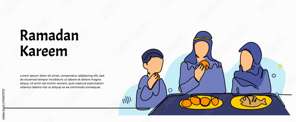 Vector illustration of muslim family eating together. Modern flat in continuous line style. Vector illustration of muslim family eating together. Modern flat in continuous line style.