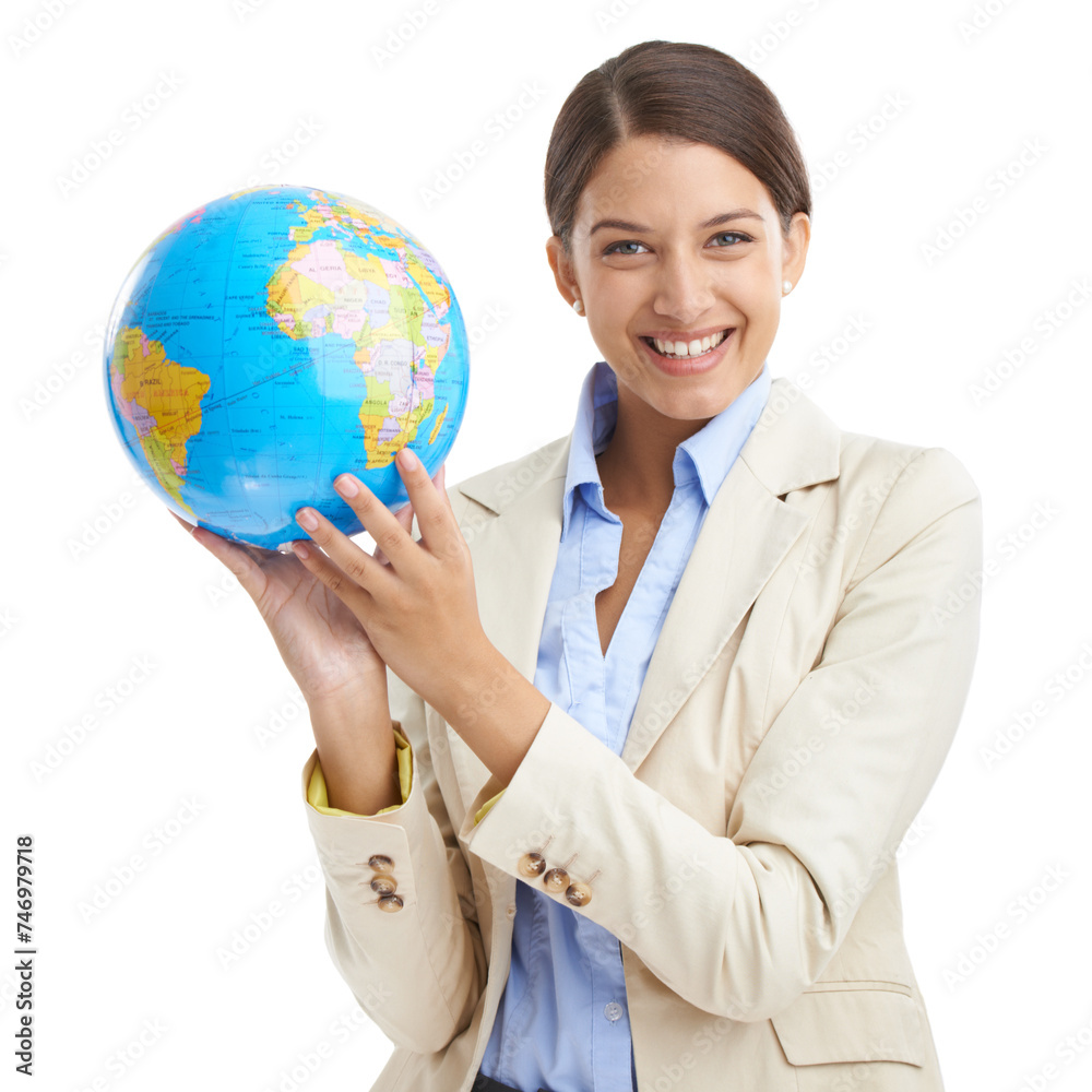 Happy, business woman and portrait with globe in studio mock up and corporate professional for global networking. Young lawyer, positive and face for international trade and law by white background Happy, business woman and portrait with globe in studio mock up and corporate professional for global networking. Young lawyer, positive and face for international trade and law by white background