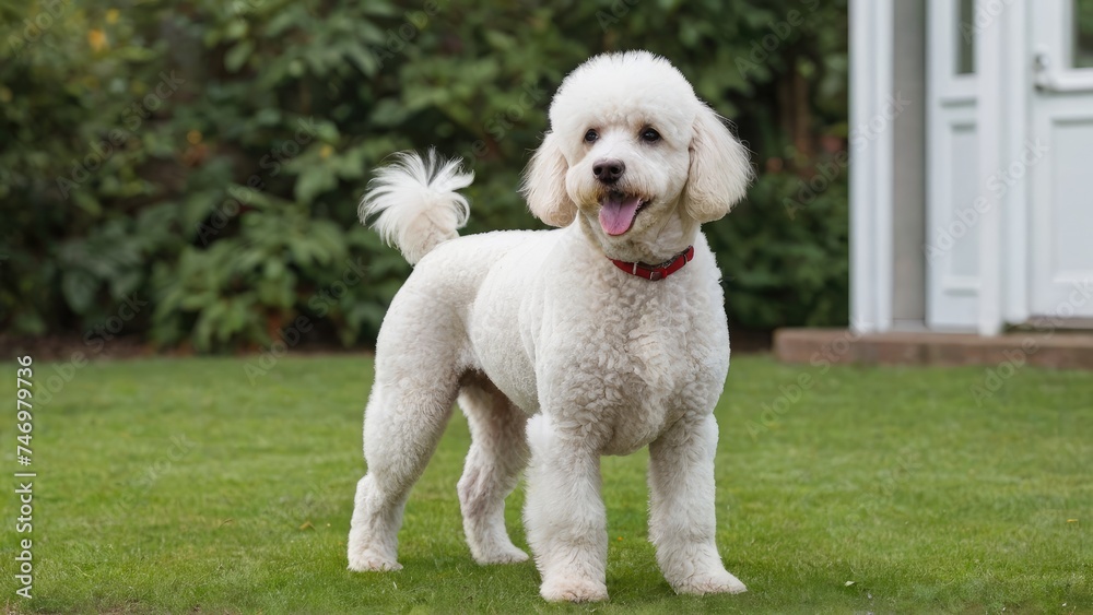 White poodle dog in the garden