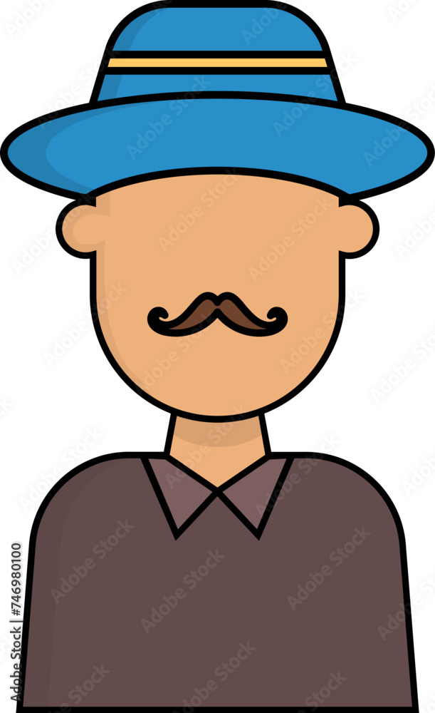 Cartoon mustache man wearing hat icon.