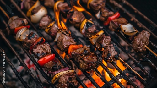 skewers of meat and aromatic vegetables grilling together.