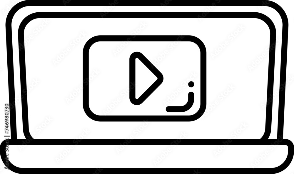 Black line art Play button in laptop screen icon. Black line art Play button in laptop screen icon.