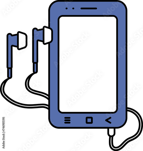 Smartphone with Earphone Icon In Blue and White Color.