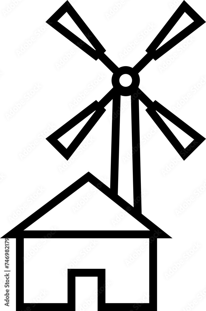 Post mill or Windmill icon in black line art. Post mill or Windmill icon in black line art.