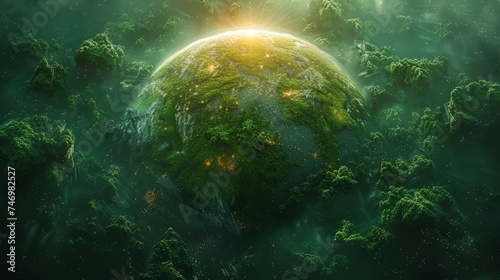 a green land around a beautiful green planet with different icons forming  in the style of human-canvas integration  kodak colorplus  internet academia  poster  landscape-focused  transportcore  softb