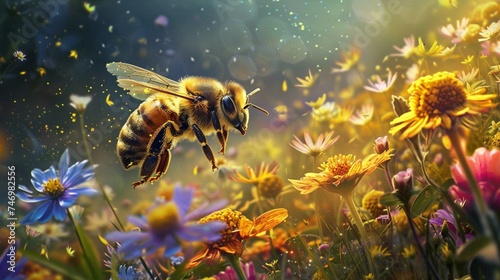 Pollen-covered honeybee gracefully hovering over a cluster of vibrant wildflowers, its delicate wings beating rhythmically as it forages for nectar. photo