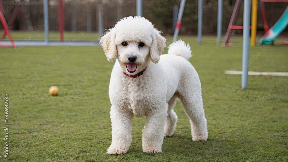 White poodle dog in the playground