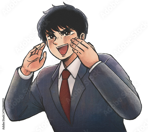 劇画イラスト・笑顔で応援するサラリーマン風の男性 photo