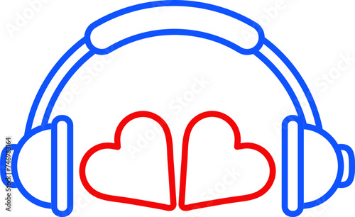 Flat style Headphone with Two Heart line icon in blue and red color.
