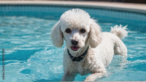White poodle dog in the swimming pool