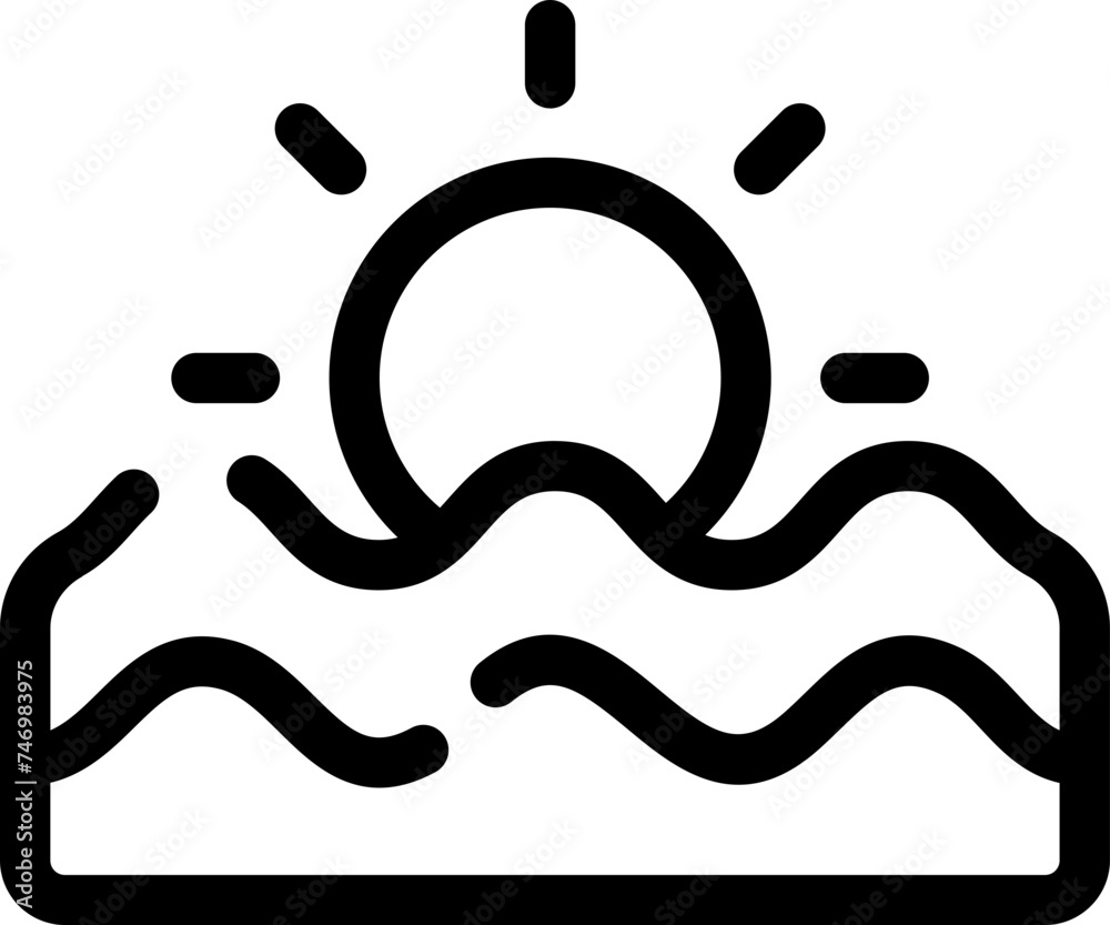 Sun with river icon in black line art. Sun with river icon in black line art.