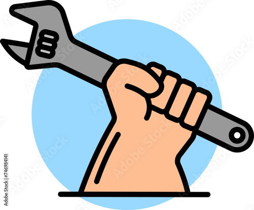 Hand holding adjustable wrench icon in flat style.