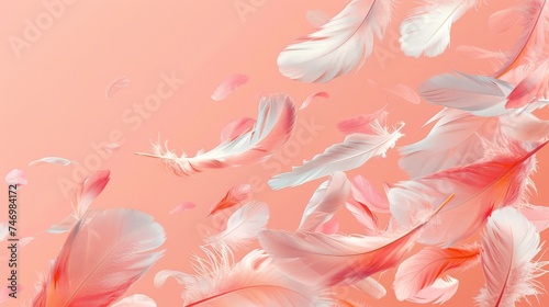 Delicate feathers float across this soft pop-art wallpaper