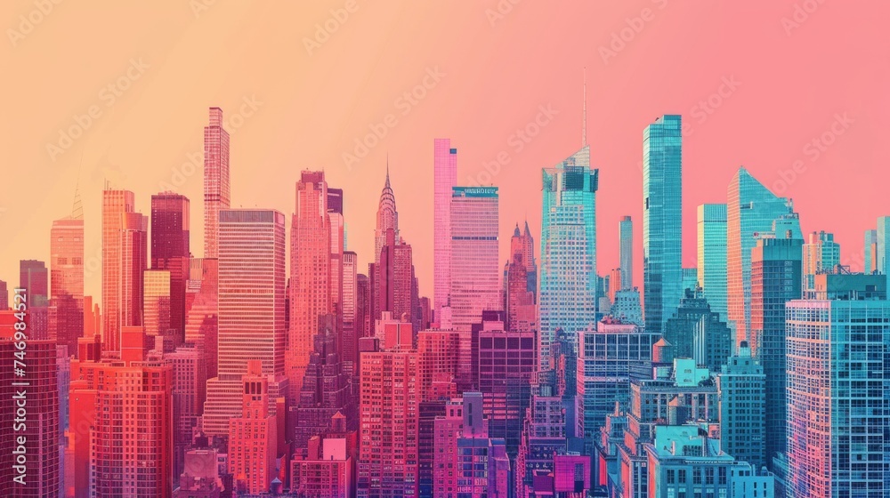 Soft pop-art wallpaper featuring abstract interpretations of city skylines