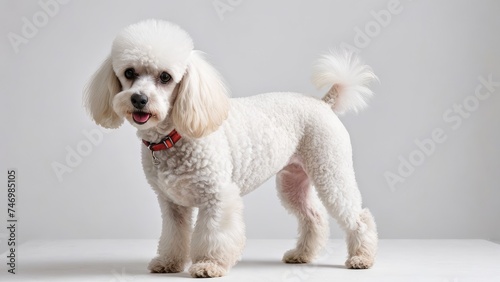 White poodle dog on grey background