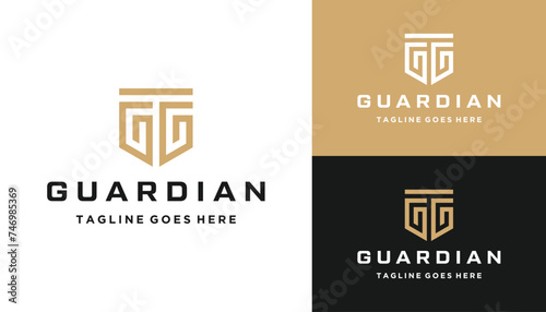 Golden Initial Letter G GG with Simple Shield Shape Line Art Logo Design