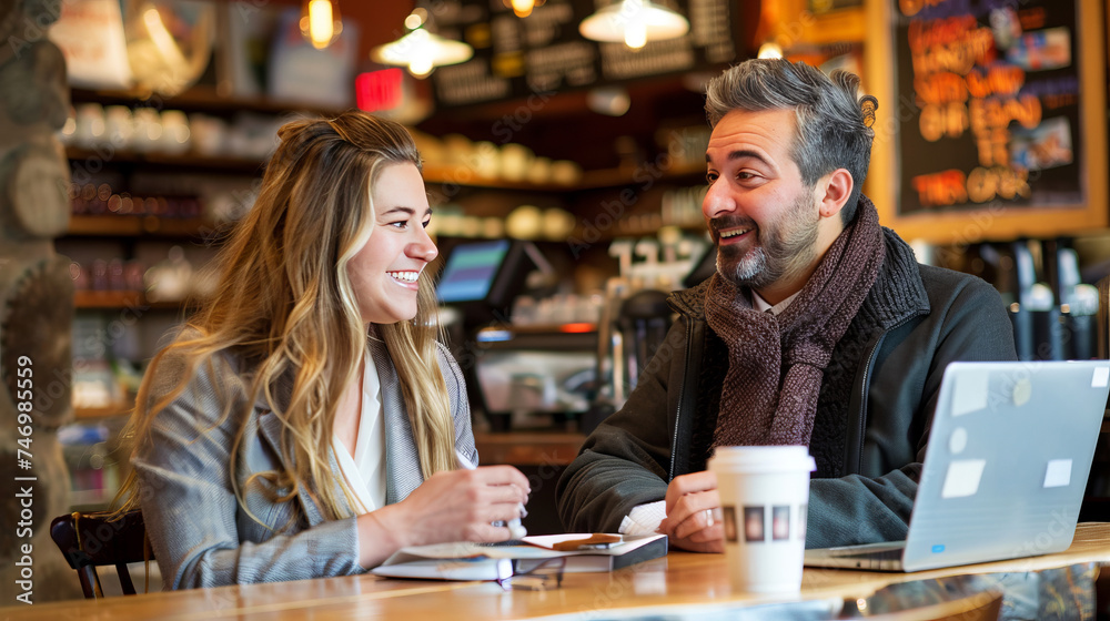 Two professionals having a friendly business meeting with laptop and notes in a cozy coffee shop. Two professionals having a friendly business meeting with laptop and notes in a cozy coffee shop.