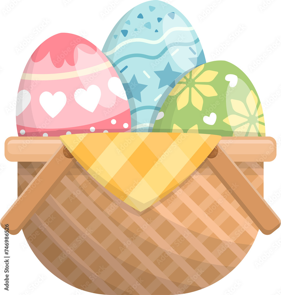 Wicker basket with easter eggs isolated on white background, colorful eggs, vector cartoon style