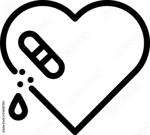 Injured heart with bandage icon in thin line art.