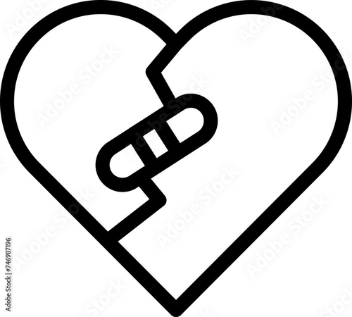 Vector illustration of broken heart with bandage in black line art.