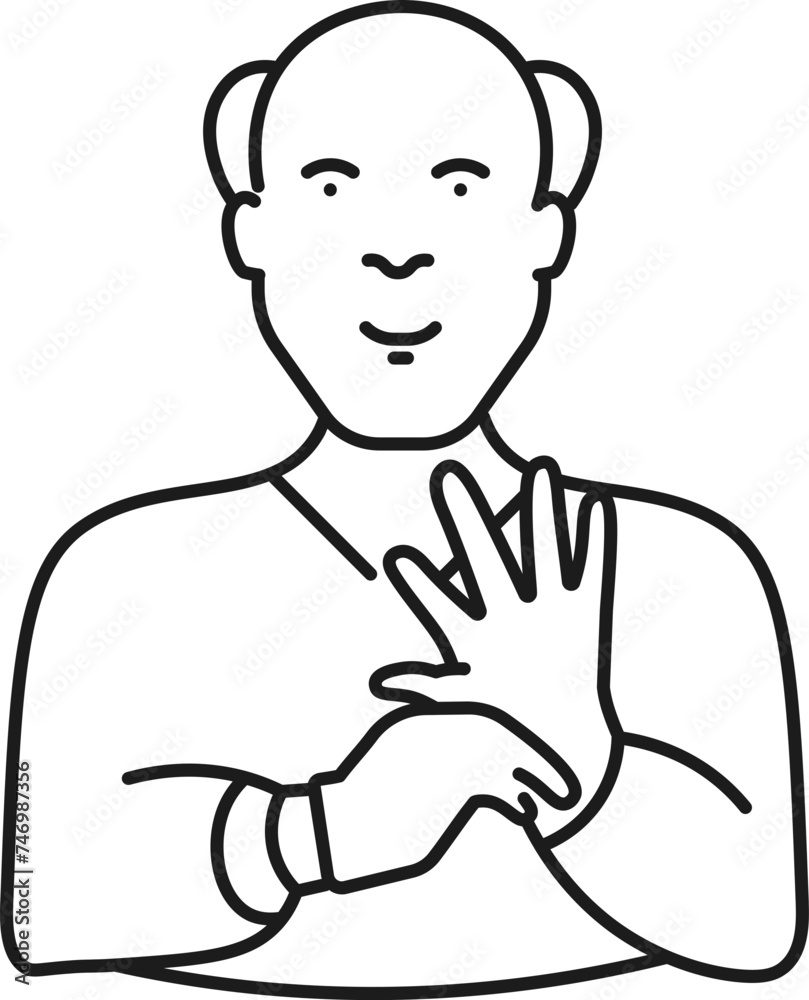 Bald man holding gloves icon in black line art.