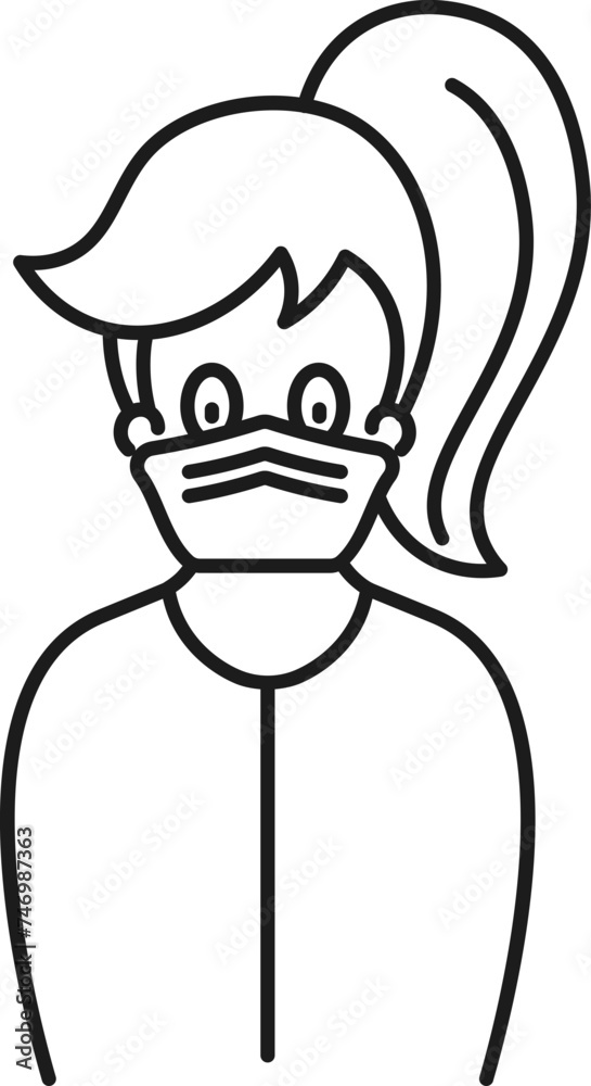 Modern girl wearing face mask icon in line art. Modern girl wearing face mask icon in line art.