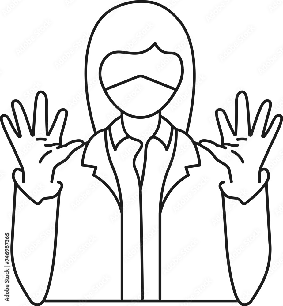 Hands open with fear woman wearing face mask icon in thin line art. Hands open with fear woman wearing face mask icon in thin line art.