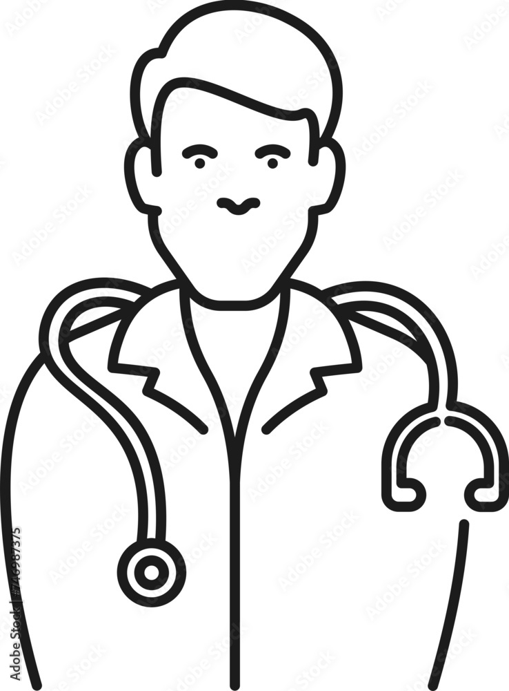 Black outline Doctor man icon in flat style.