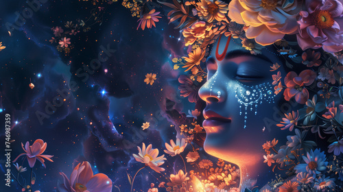 Rendering Illustration of Young Lord Krishna with Closed Eyes, Adorned with Flowers, Against the Background of a Starry Night Sky: Capturing the Essence of Divine Serenity and Beauty photo