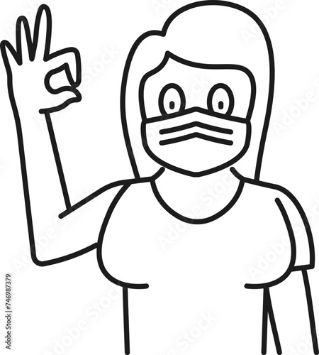 Best gesture hand showing woman with wearing face mask icon in black line art.