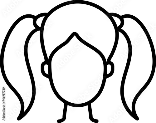 Young Girl Face With Two Side Ponytails Icon In Black Line Art.