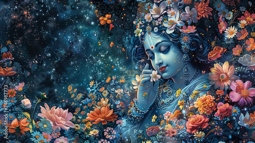 Portrait of Krishna with a Serene Expression Amidst Abundant Flowers, Against the Background of a Starry Night Sky: Emanating Peace and Tranquility amidst Nature's Splendor
