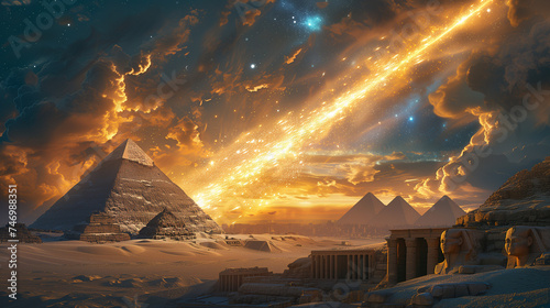 Egyptian Pyramids Under Star-Studded Sky: Meteorite Mystique with Deep Blue and Gold Tones