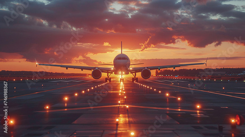 Airplane Touching Down on an Airport Runway, Embraced by the Mesmerizing Colors of a Dramatic Sunset.