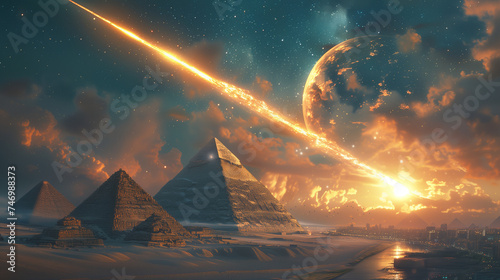 Egyptian Pyramids' Cosmic Event: Meteorite in Star-Studded Night with Blue and Gold Mystique