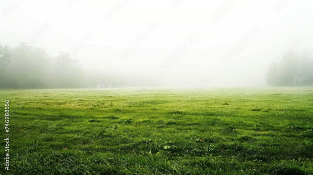 Misty Morning in Lush Green Meadow.A serene, foggy landscape capturing the quiet and peaceful essence of an early misty morning in a lush green meadow.