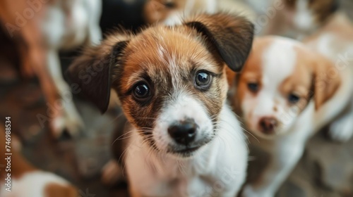 Puppy with Soulful Eyes Up Close. An endearing close-up of a young puppy with soulful brown eyes and a patchy brown and white coat looking up, capturing hearts with its innocence. © auc